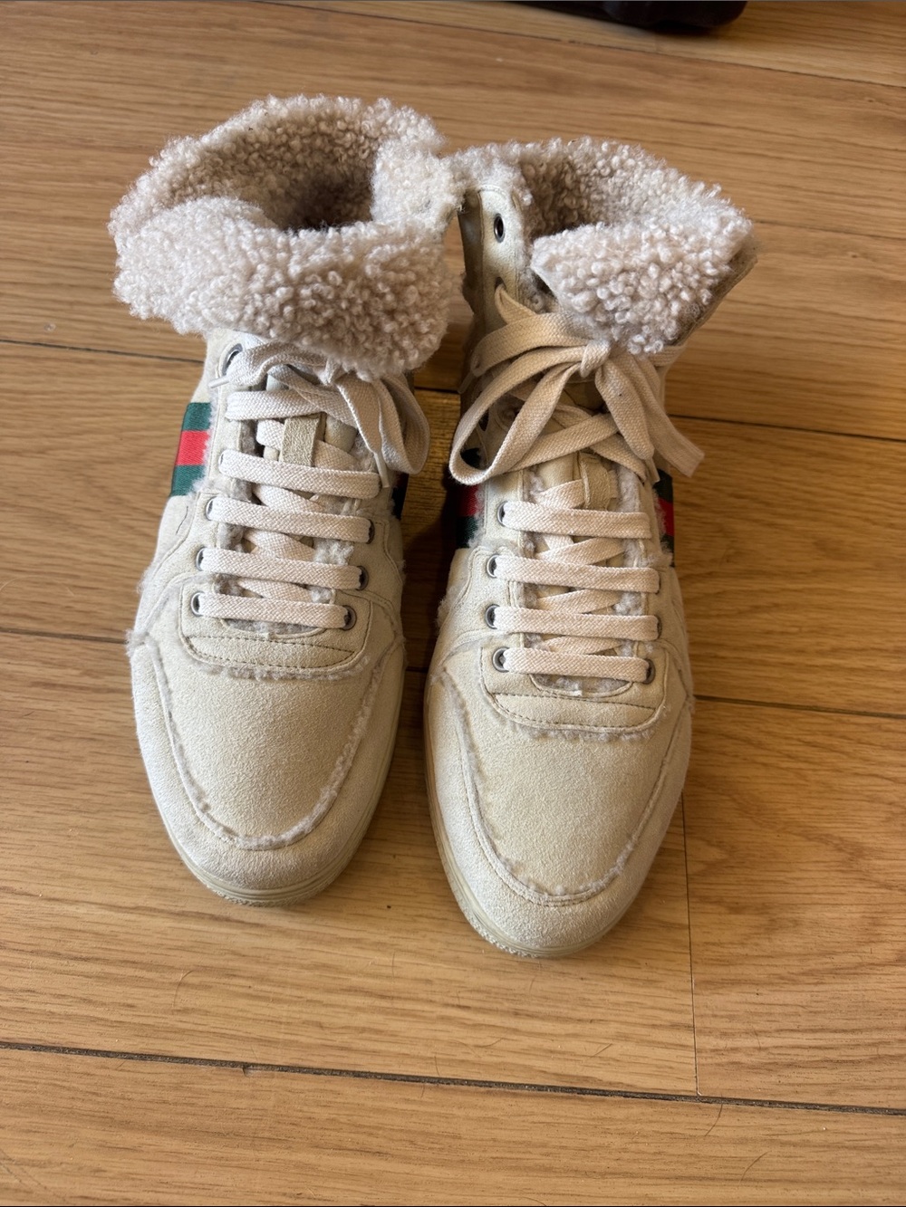 Gucci Cream Suede High-Top Sneakers with Green-Red Web Stripe